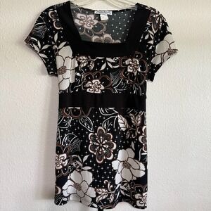 Claudia Richard Blouse Women's Small Floral Square Neck Cap Sleeve USA Made Y2K